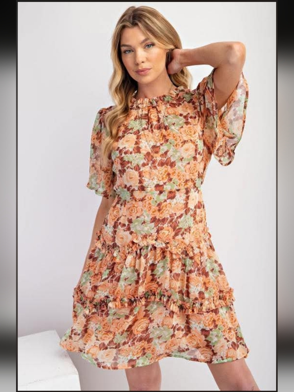 Easel Floral Patchwork Ruffle Dress Open Back Ties At Neck